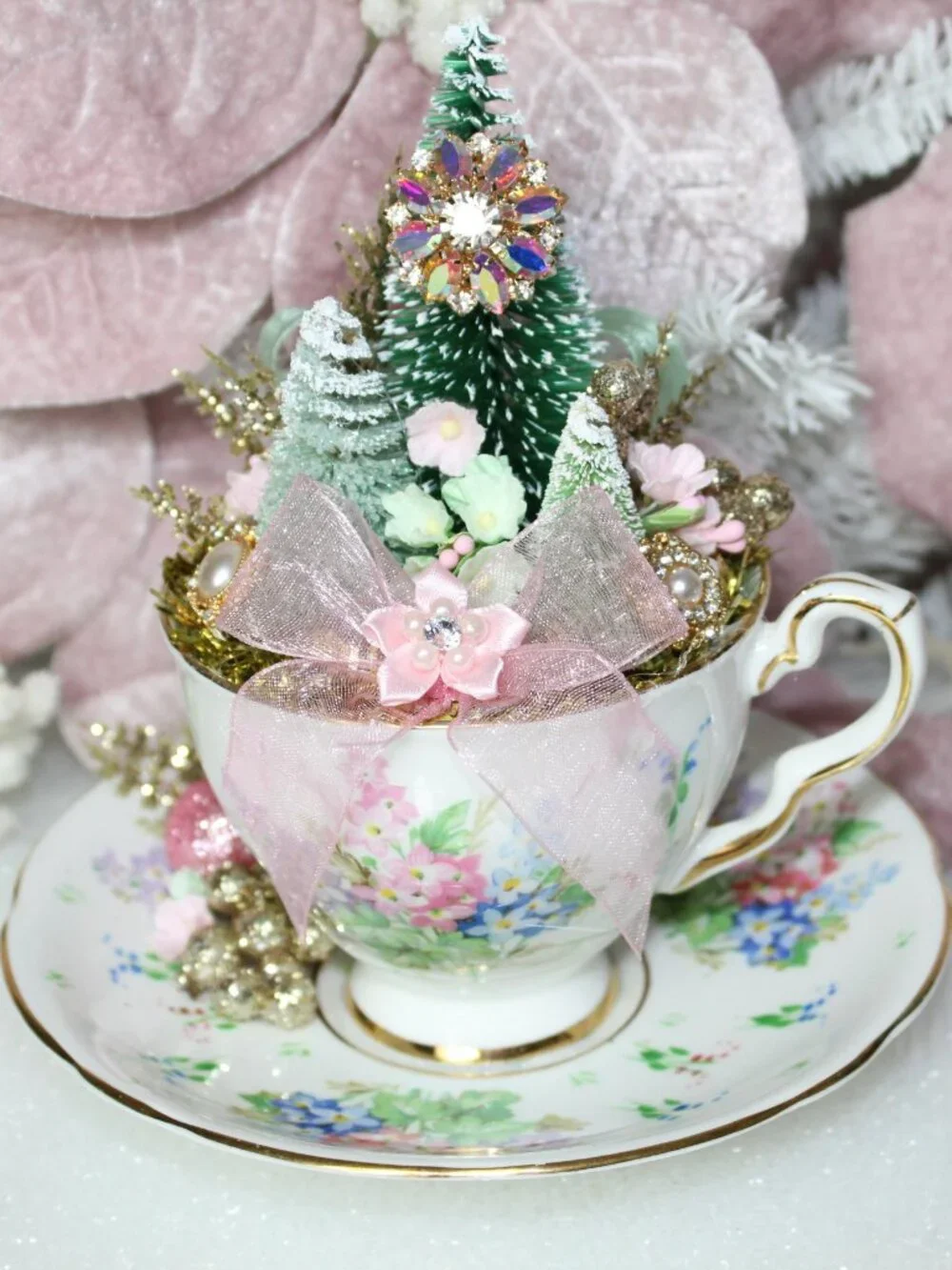 Teacup Christmas Tree Assemblage: Shabby Chic Pink Holiday Decor
